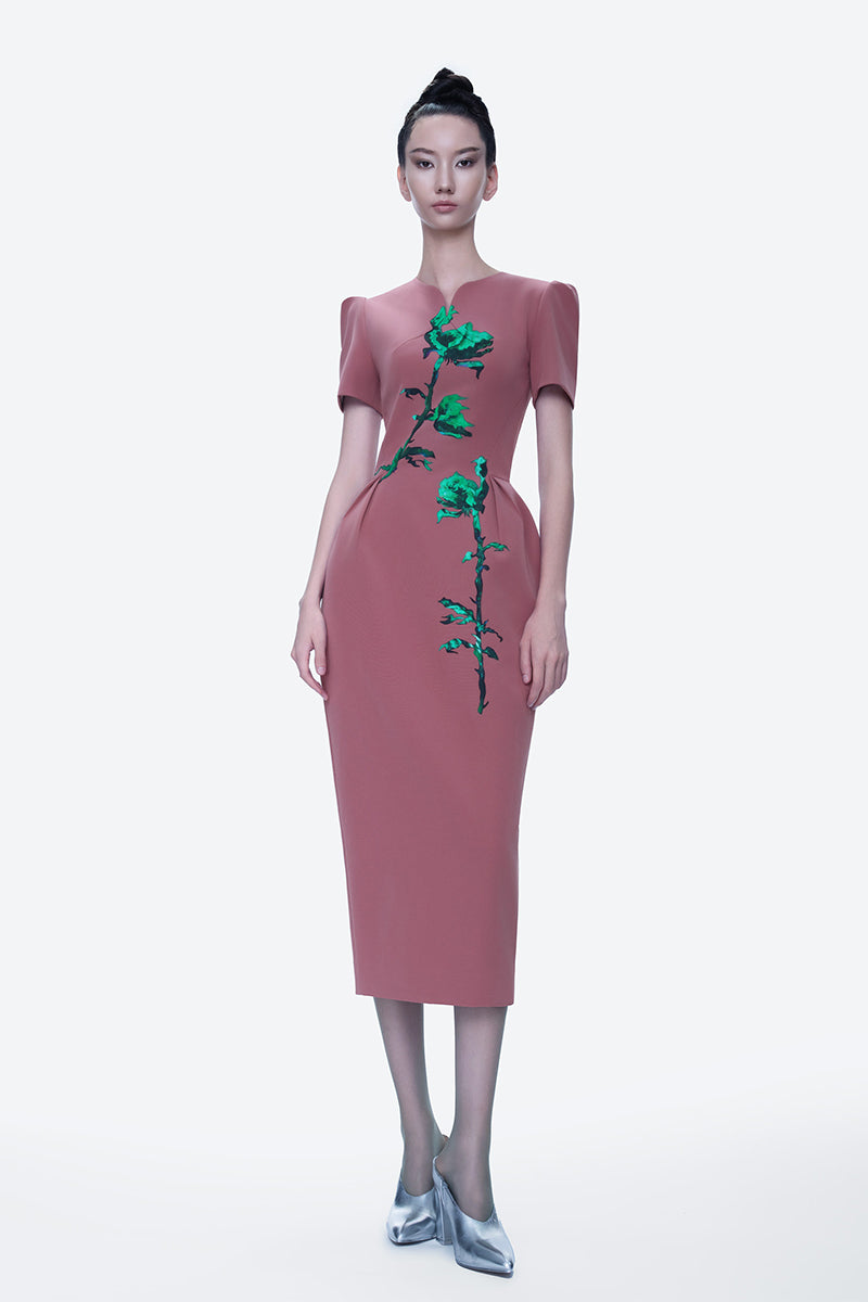 Tiny Ink Mystic Elegance midi dress in hand-painted pink fabric, featuring a stylish, flowing design perfect for elegant occasions.