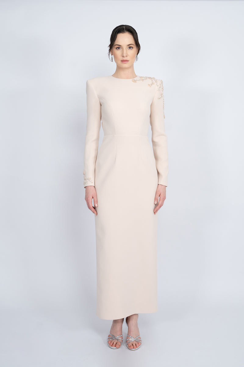 NUDE PADDED SHOULDERS MAXI DRESS - CULT MIA