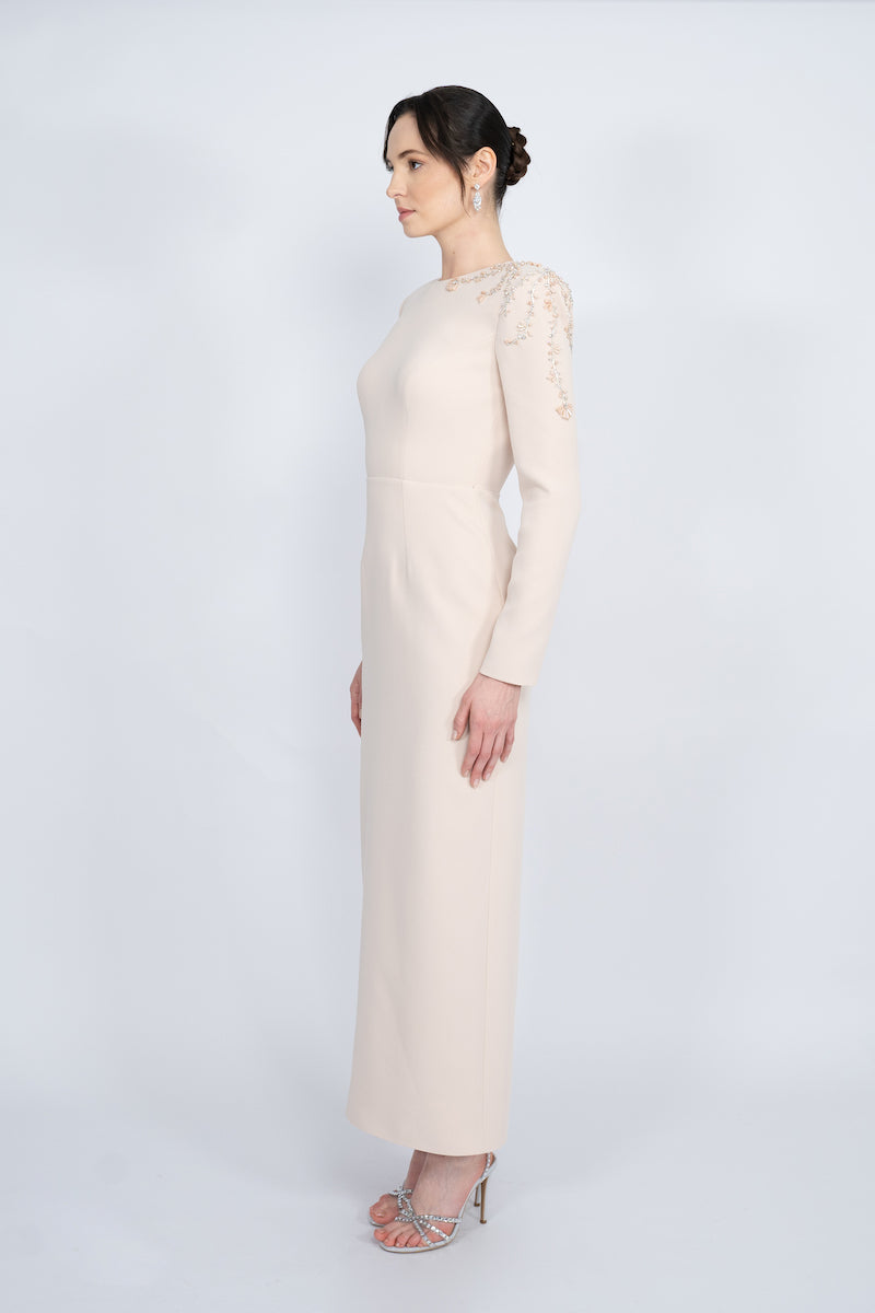NUDE PADDED SHOULDERS MAXI DRESS - CULT MIA