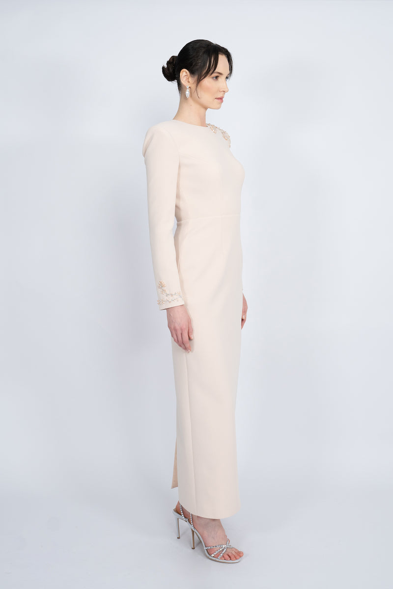 NUDE PADDED SHOULDERS MAXI DRESS - CULT MIA
