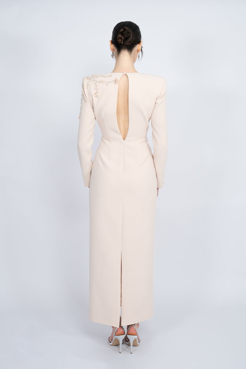 NUDE PADDED SHOULDERS MAXI DRESS - CULT MIA