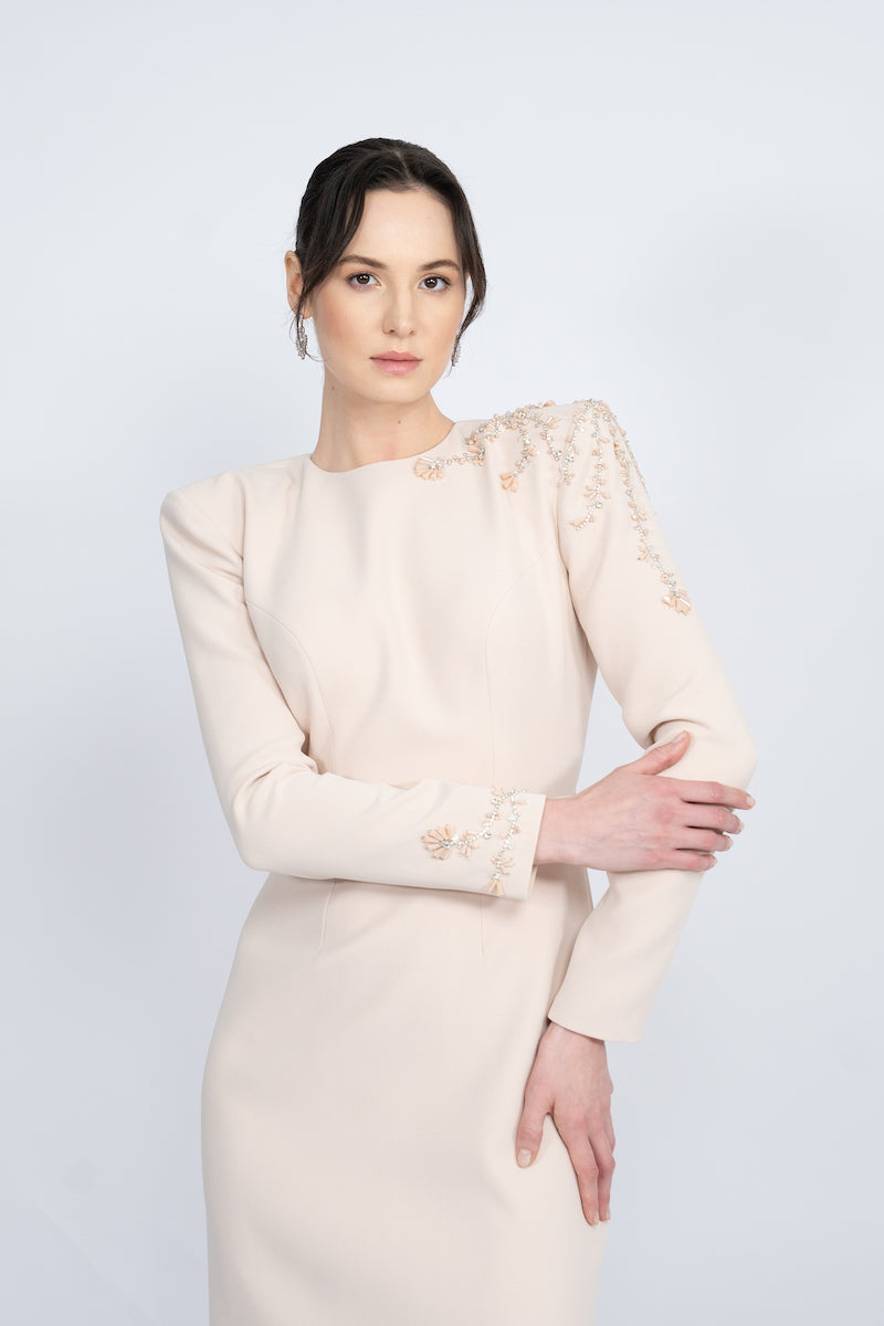 NUDE PADDED SHOULDERS MAXI DRESS - CULT MIA