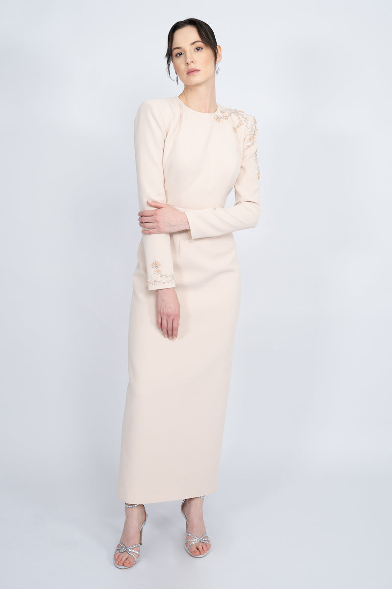 NUDE PADDED SHOULDERS MAXI DRESS - CULT MIA