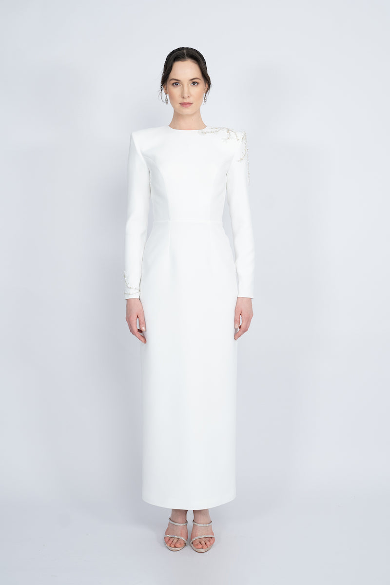 WHITE PADDED SHOULDERS MAXI DRESS - CULT MIA