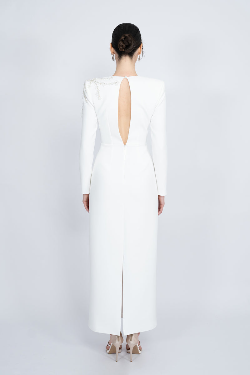WHITE PADDED SHOULDERS MAXI DRESS - CULT MIA