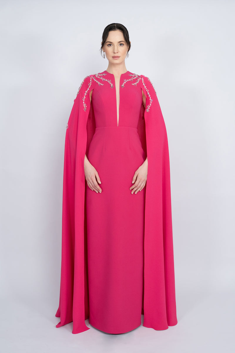 FUCHSIA STRAIGHT CUT WITH CAPE LONG DRESS - CULT MIA