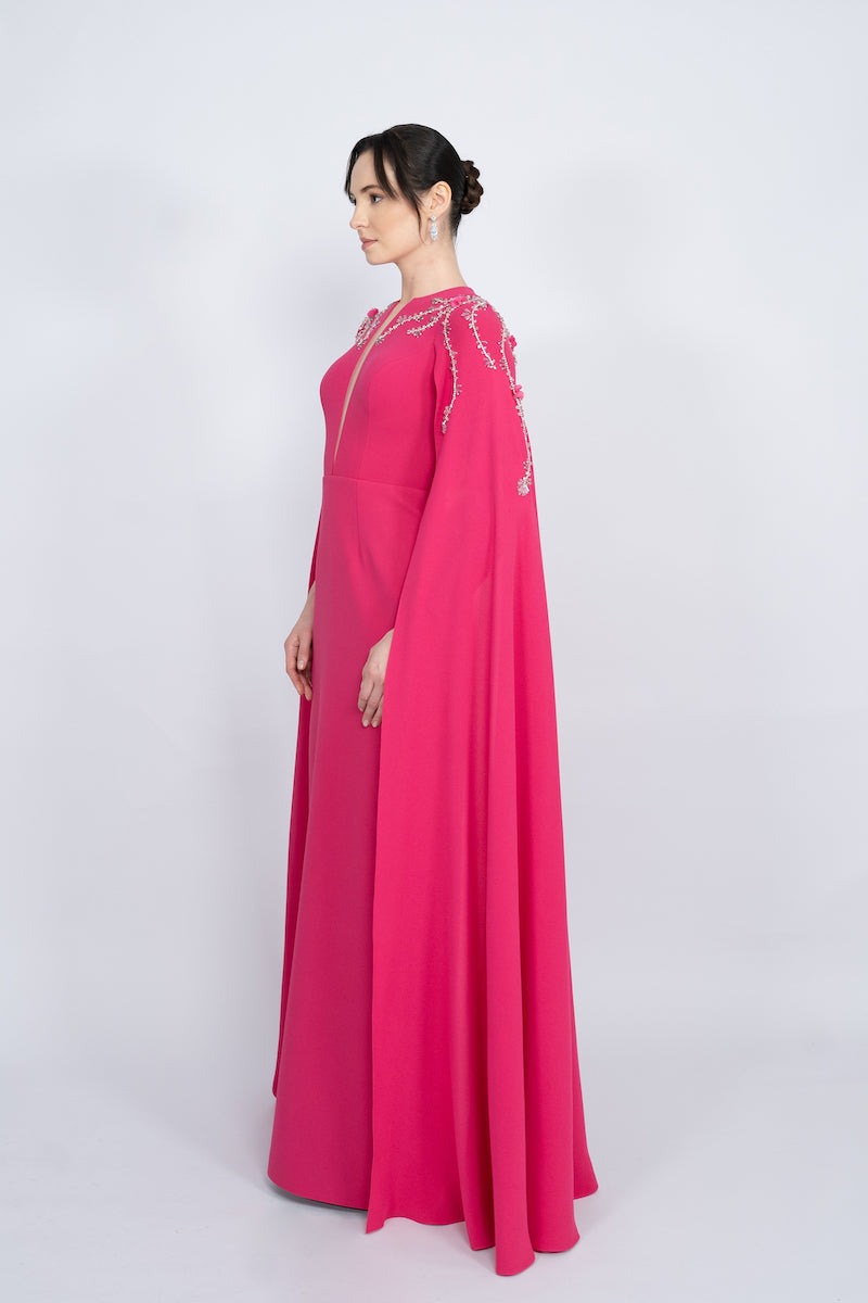 FUCHSIA STRAIGHT CUT WITH CAPE LONG DRESS - CULT MIA