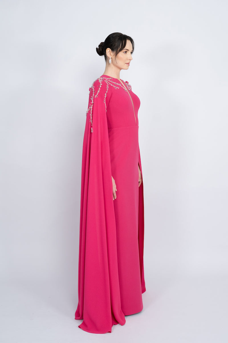 FUCHSIA STRAIGHT CUT WITH CAPE LONG DRESS - CULT MIA