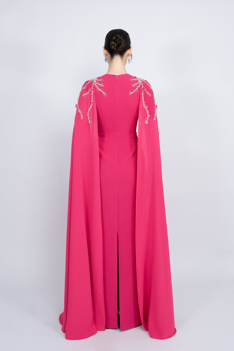 FUCHSIA STRAIGHT CUT WITH CAPE LONG DRESS - CULT MIA
