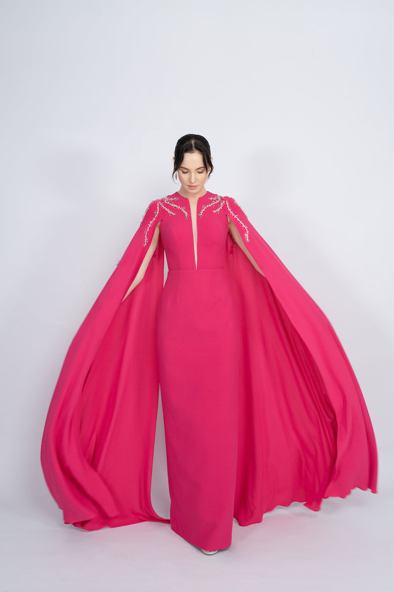 FUCHSIA STRAIGHT CUT WITH CAPE LONG DRESS - CULT MIA
