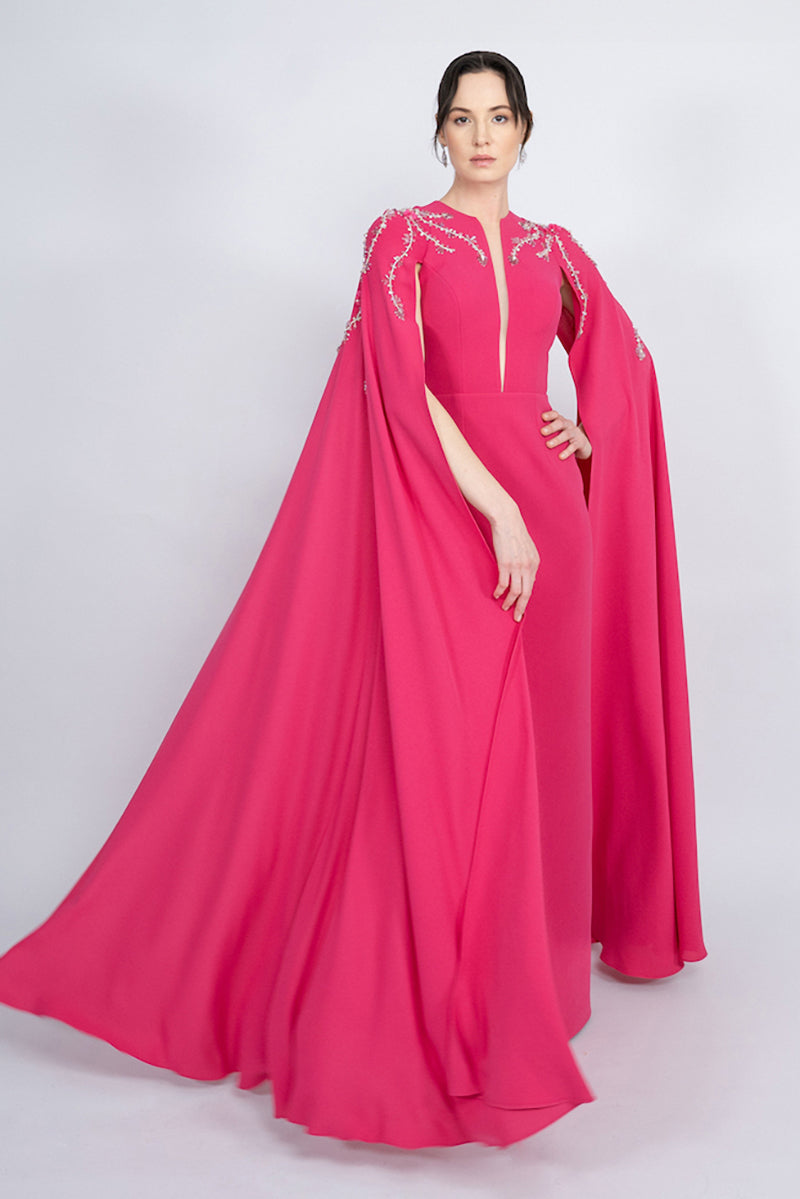FUCHSIA STRAIGHT CUT WITH CAPE LONG DRESS - CULT MIA