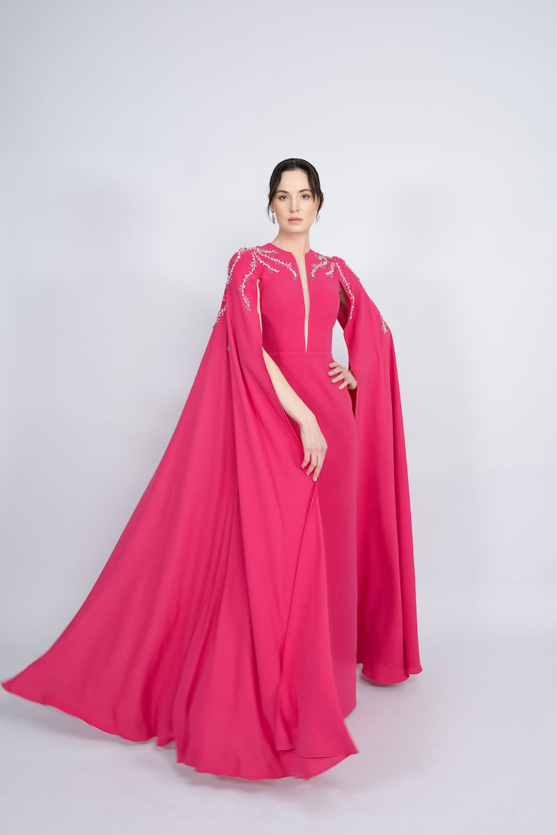 FUCHSIA STRAIGHT CUT WITH CAPE LONG DRESS - CULT MIA