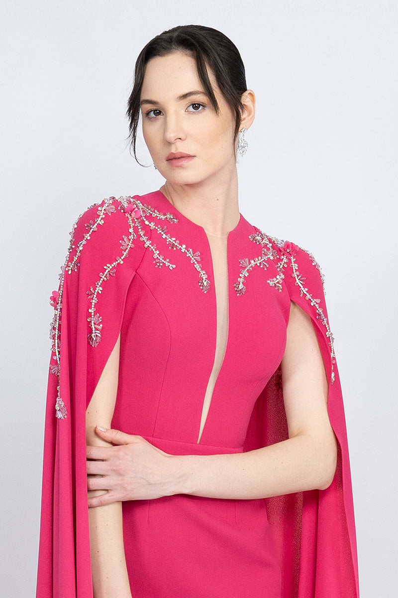 FUCHSIA STRAIGHT CUT WITH CAPE LONG DRESS - CULT MIA