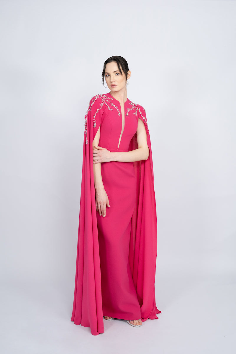 FUCHSIA STRAIGHT CUT WITH CAPE LONG DRESS - CULT MIA