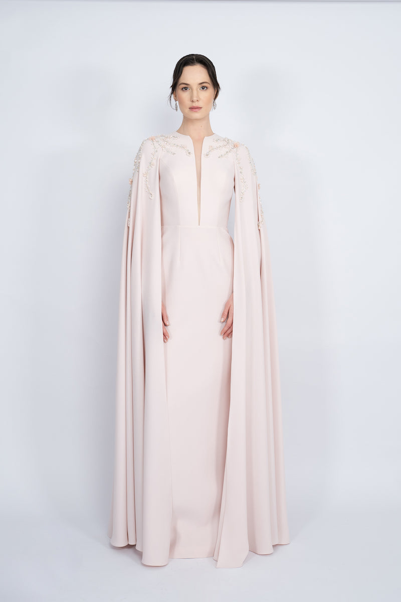 POWDER STRAIGHT CUT WITH CAPE LONG DRESS - CULT MIA