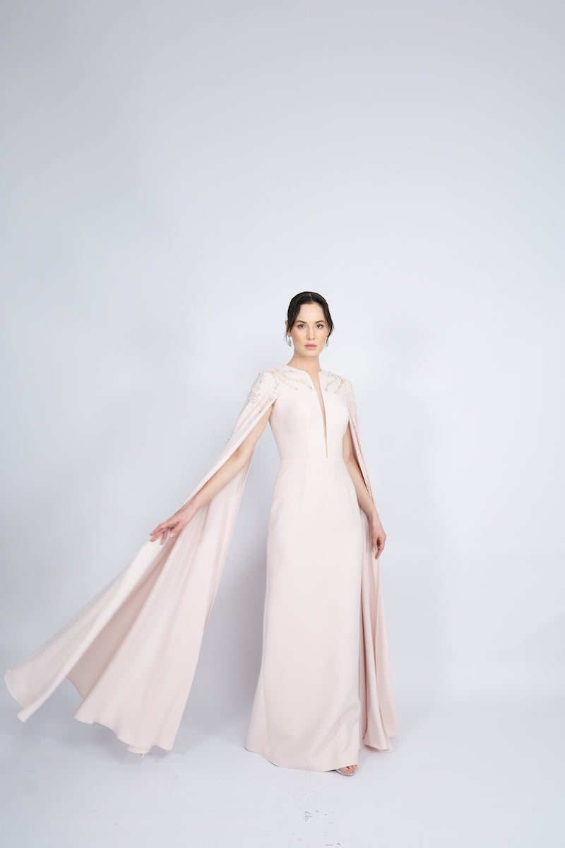 POWDER STRAIGHT CUT WITH CAPE LONG DRESS - CULT MIA