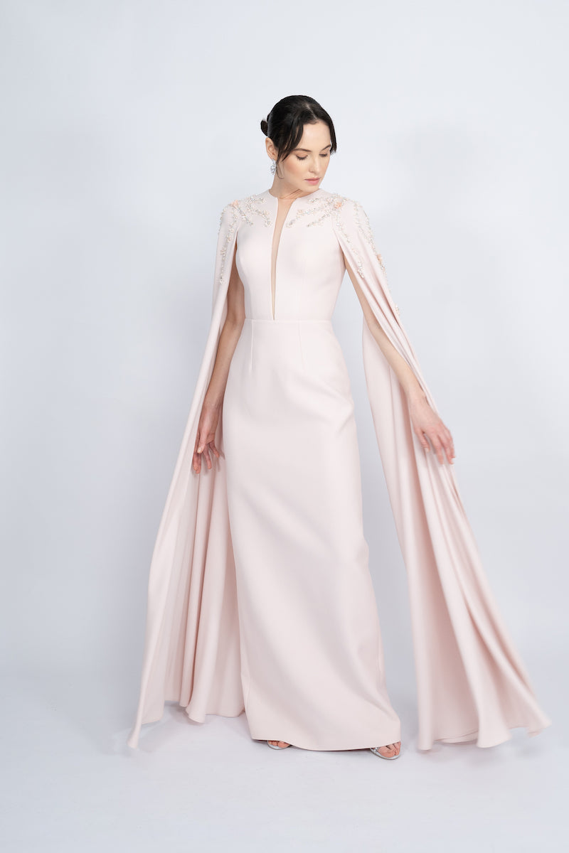 POWDER STRAIGHT CUT WITH CAPE LONG DRESS - CULT MIA