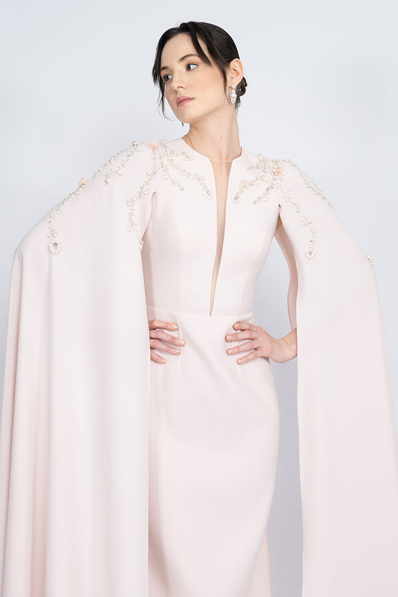 POWDER STRAIGHT CUT WITH CAPE LONG DRESS - CULT MIA
