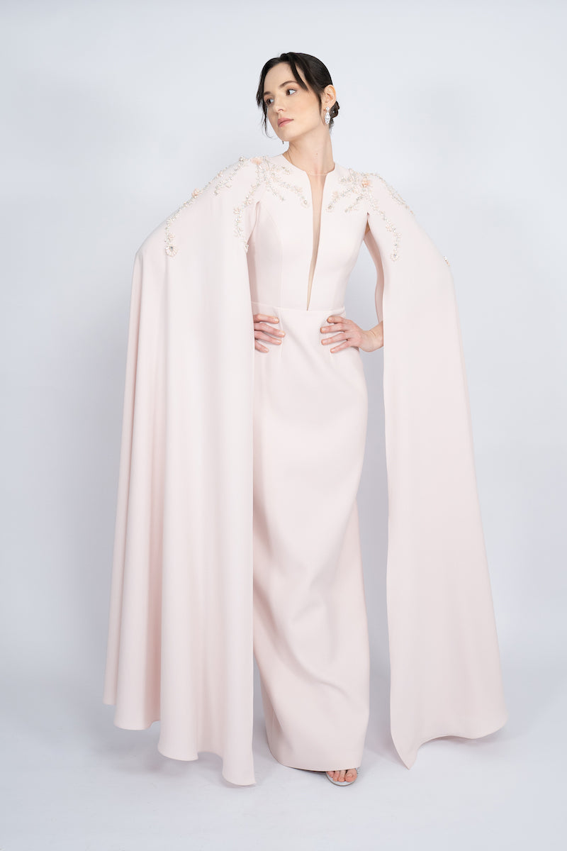 POWDER STRAIGHT CUT WITH CAPE LONG DRESS - CULT MIA