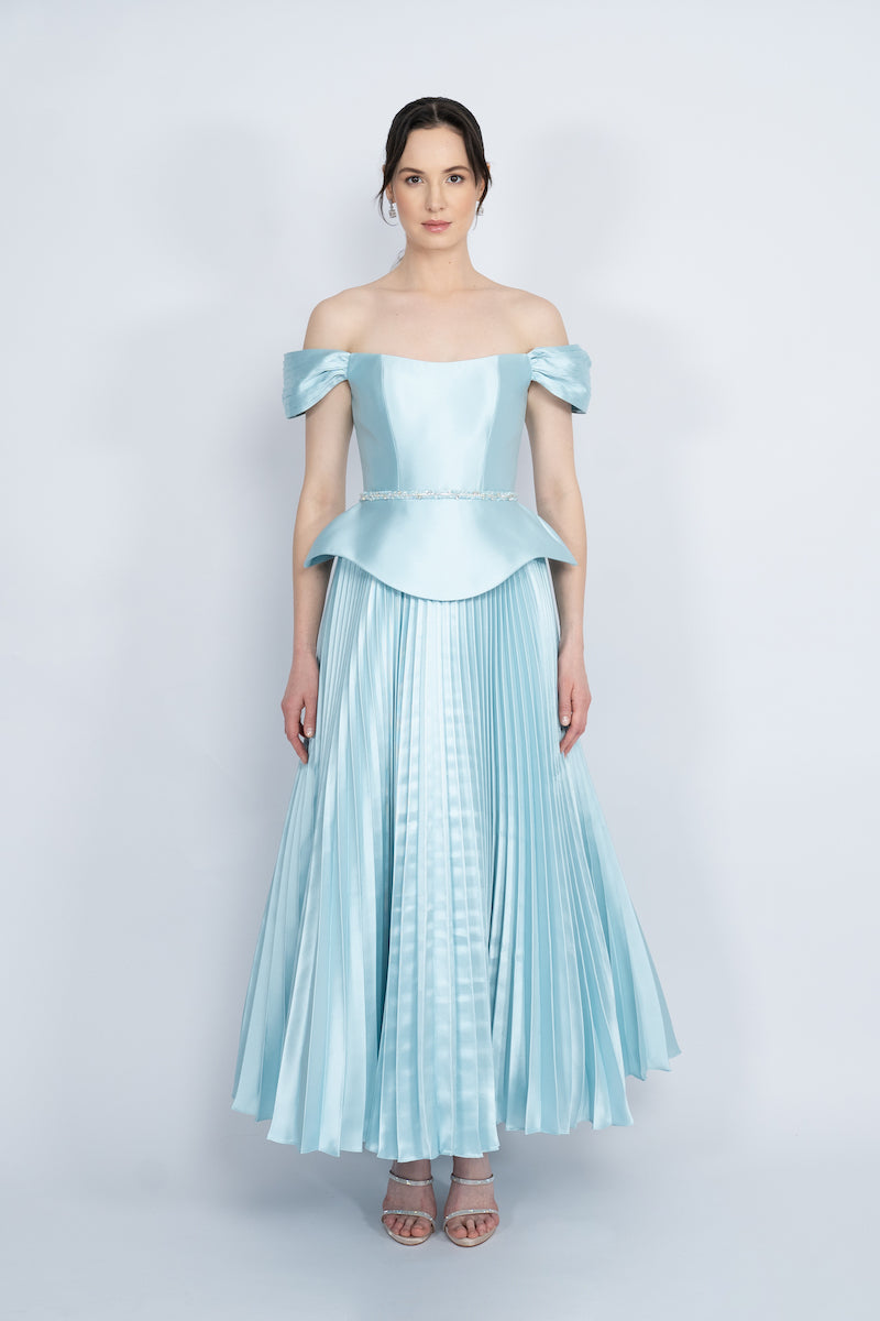 BLUE PEPLUM WAIST PLEATED SKIRT MAXI DRESS - CULT MIA