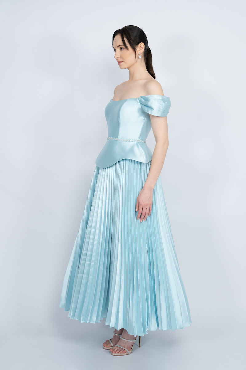 BLUE PEPLUM WAIST PLEATED SKIRT MAXI DRESS - CULT MIA