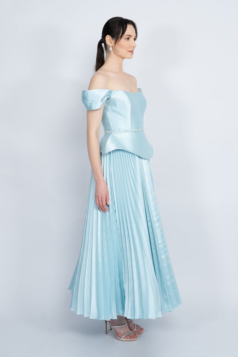 BLUE PEPLUM WAIST PLEATED SKIRT MAXI DRESS - CULT MIA