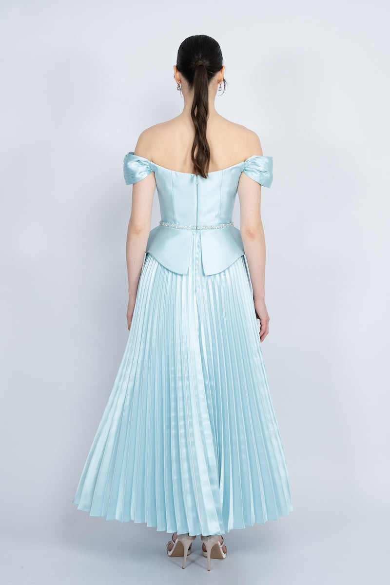 BLUE PEPLUM WAIST PLEATED SKIRT MAXI DRESS - CULT MIA