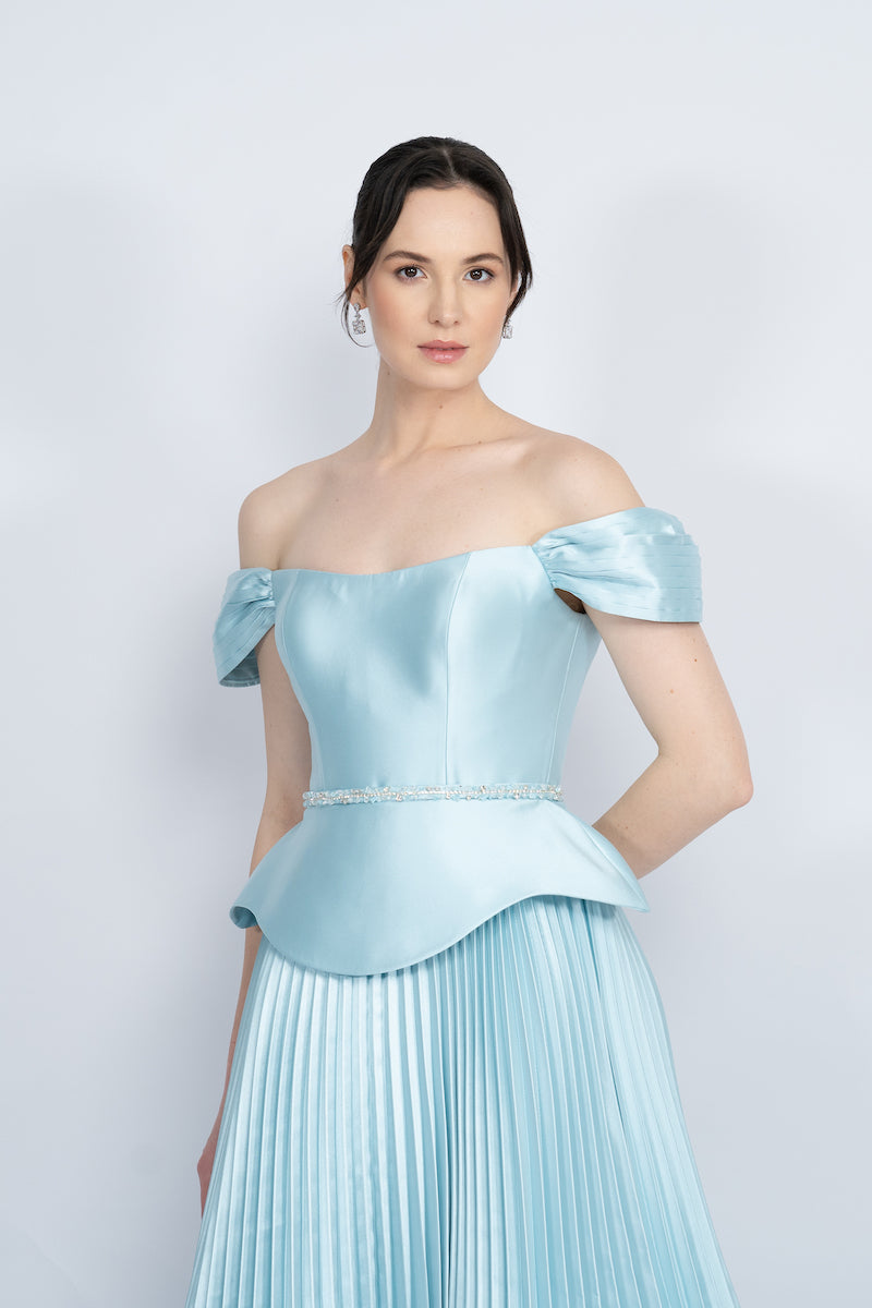BLUE PEPLUM WAIST PLEATED SKIRT MAXI DRESS - CULT MIA