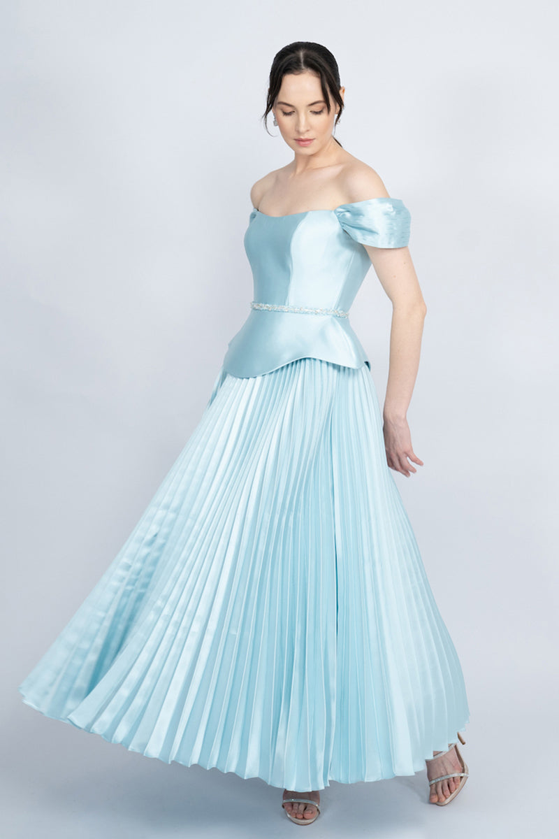 BLUE PEPLUM WAIST PLEATED SKIRT MAXI DRESS - CULT MIA