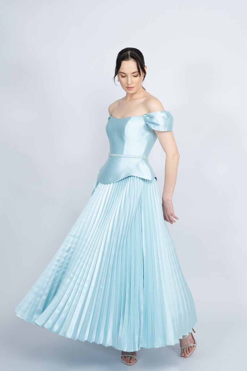 BLUE PEPLUM WAIST PLEATED SKIRT MAXI DRESS - CULT MIA