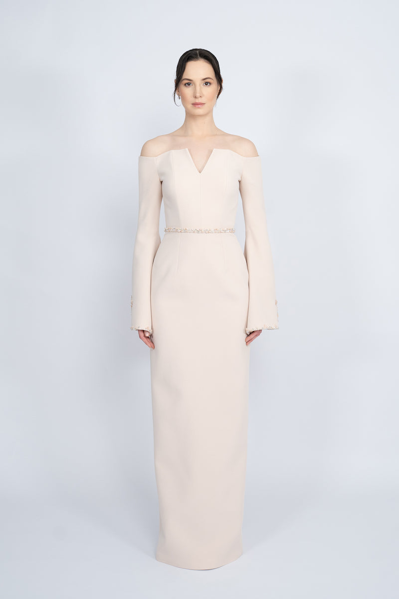 NUDE OFF-SHOULDER SPANISH SLEEVE LONG DRESS - CULT MIA