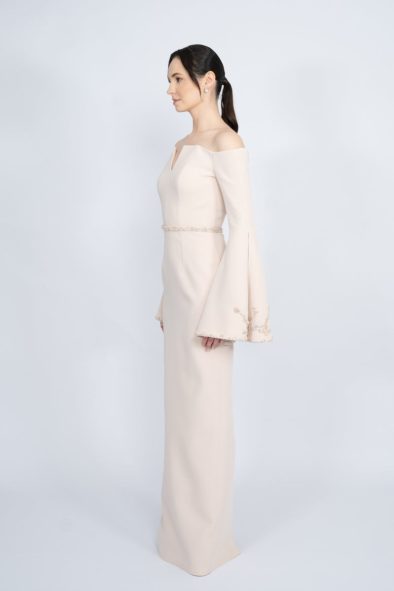 NUDE OFF-SHOULDER SPANISH SLEEVE LONG DRESS - CULT MIA