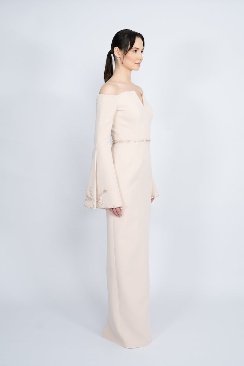NUDE OFF-SHOULDER SPANISH SLEEVE LONG DRESS - CULT MIA