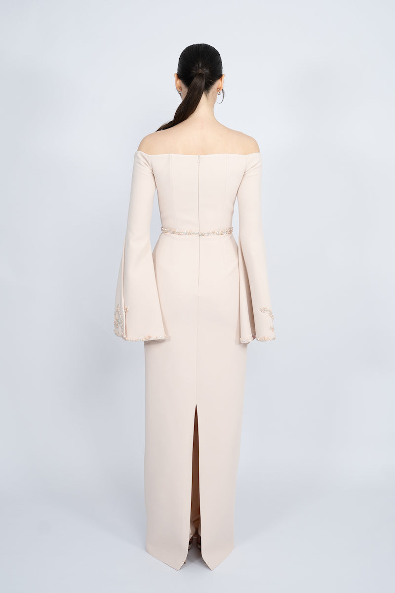NUDE OFF-SHOULDER SPANISH SLEEVE LONG DRESS - CULT MIA