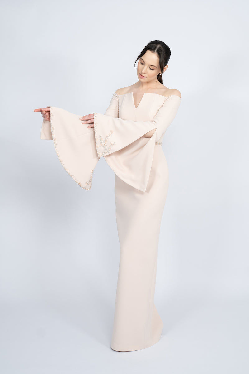 NUDE OFF-SHOULDER SPANISH SLEEVE LONG DRESS - CULT MIA