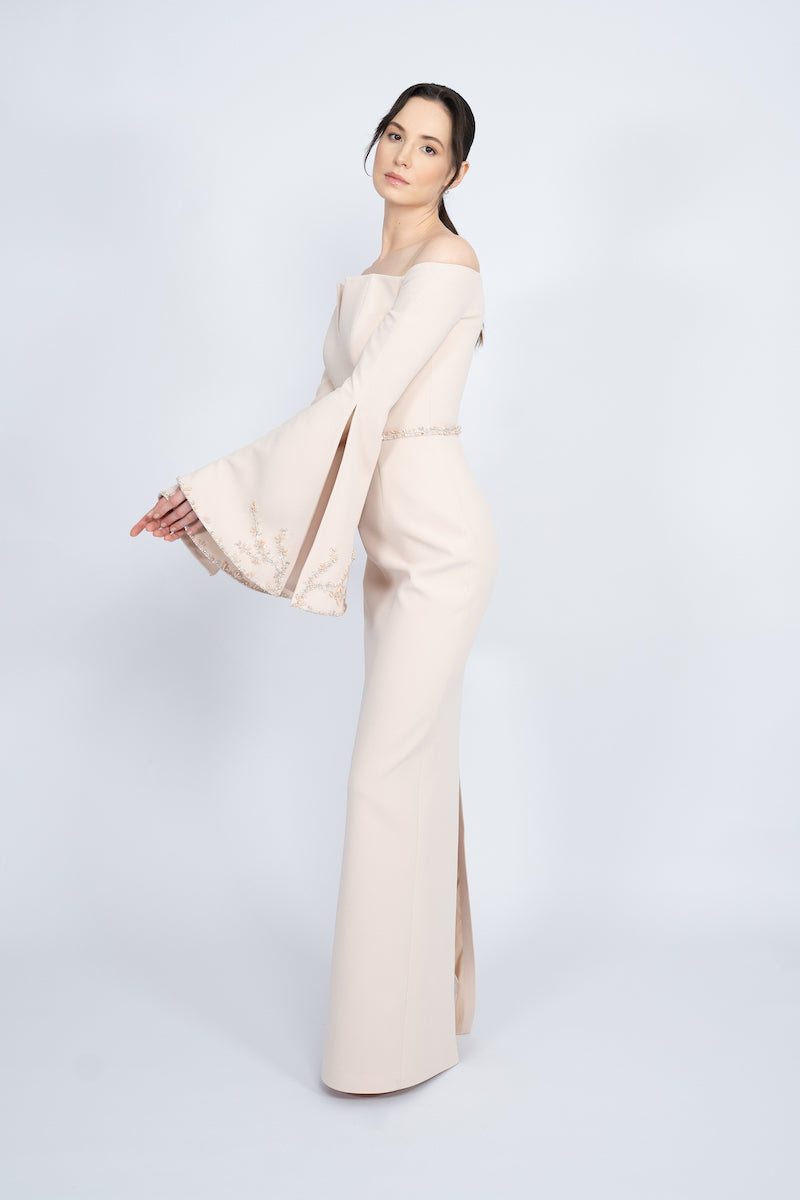 NUDE OFF-SHOULDER SPANISH SLEEVE LONG DRESS - CULT MIA
