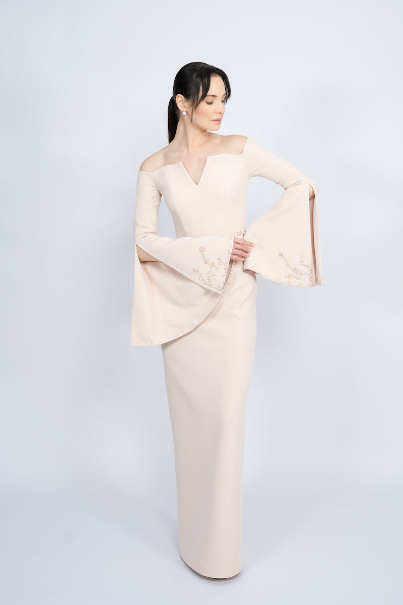 NUDE OFF-SHOULDER SPANISH SLEEVE LONG DRESS - CULT MIA