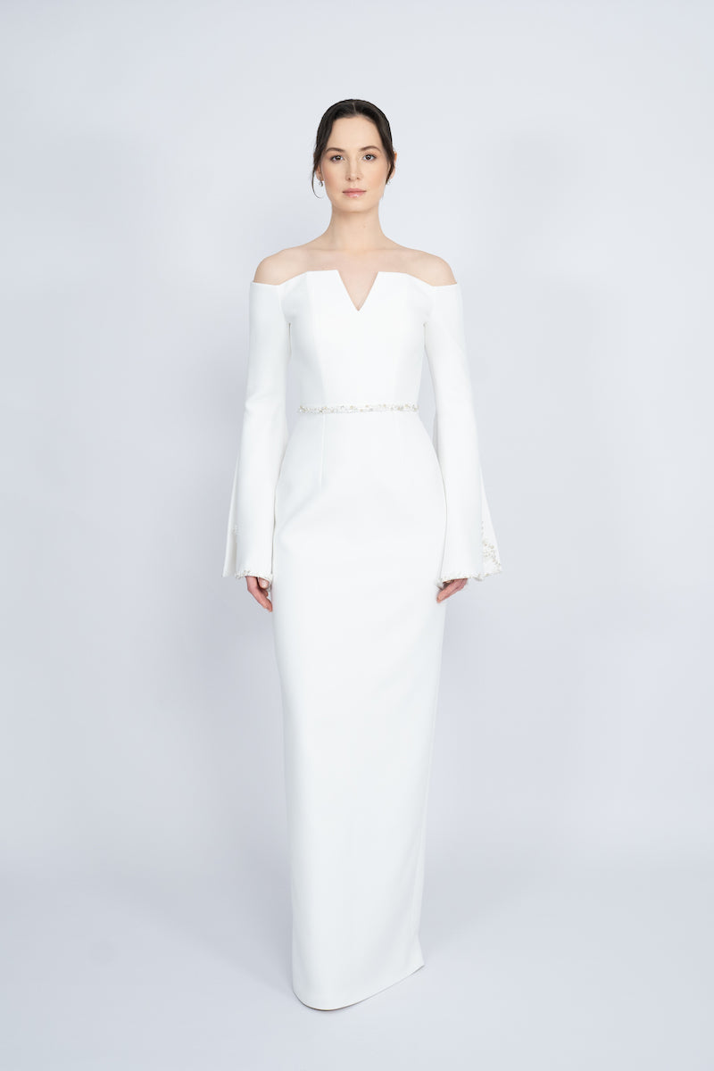 WHITE OFF-SHOULDER SPANISH SLEEVE LONG DRESS - CULT MIA