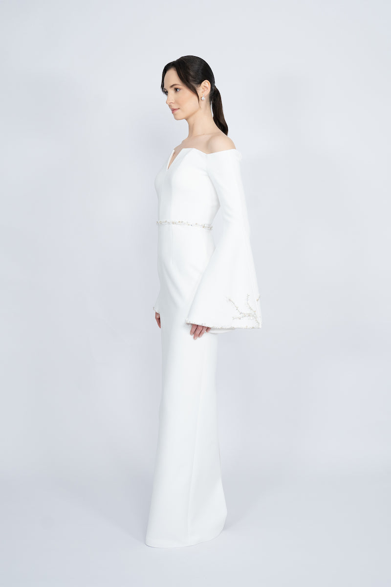 WHITE OFF-SHOULDER SPANISH SLEEVE LONG DRESS - CULT MIA