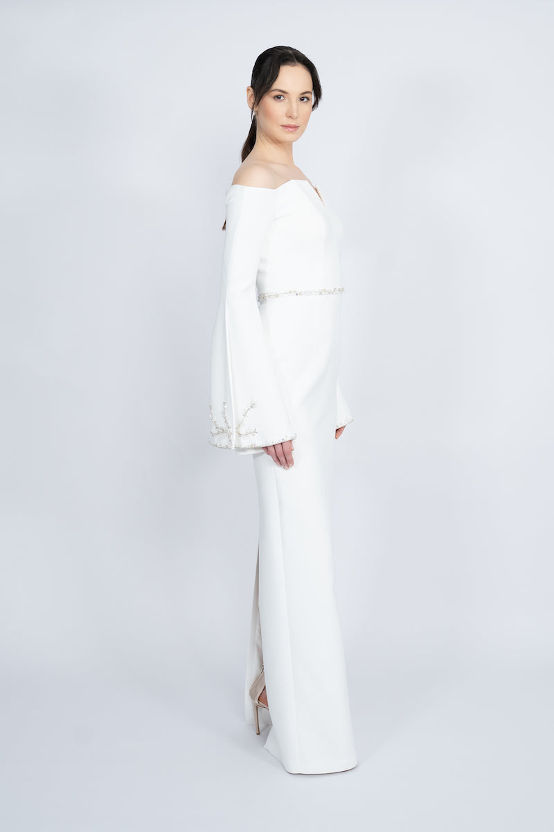 WHITE OFF-SHOULDER SPANISH SLEEVE LONG DRESS - CULT MIA