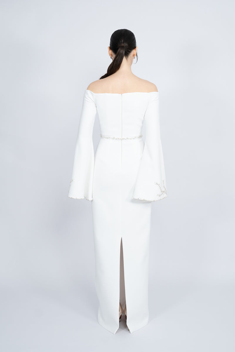 WHITE OFF-SHOULDER SPANISH SLEEVE LONG DRESS - CULT MIA