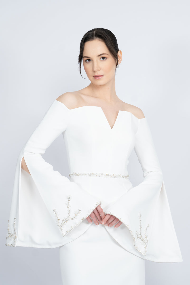 WHITE OFF-SHOULDER SPANISH SLEEVE LONG DRESS - CULT MIA