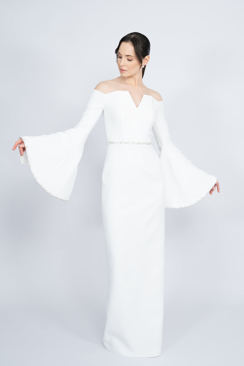 WHITE OFF-SHOULDER SPANISH SLEEVE LONG DRESS - CULT MIA