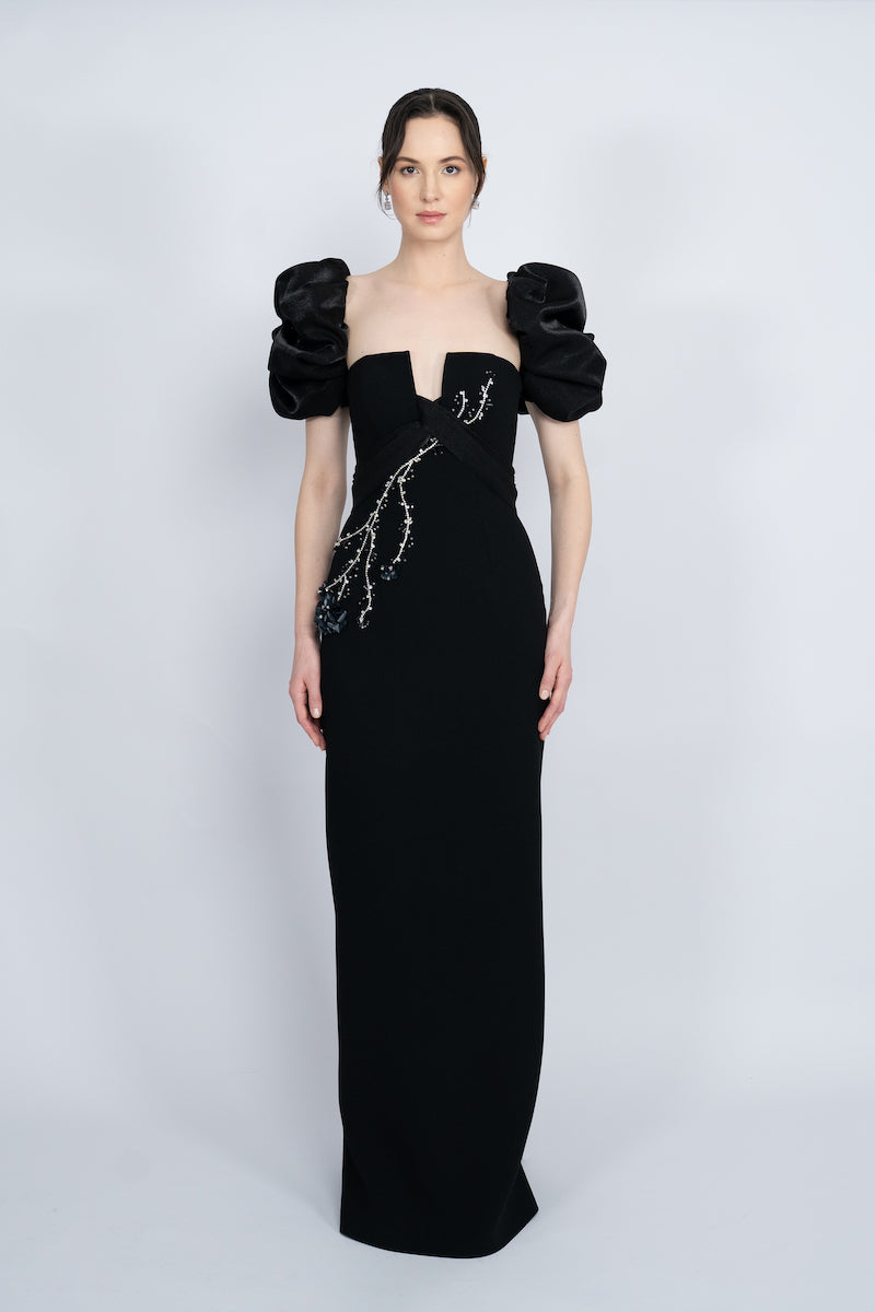 BLACK BALLOON SLEEVE LONG DRESS - CULT MIA