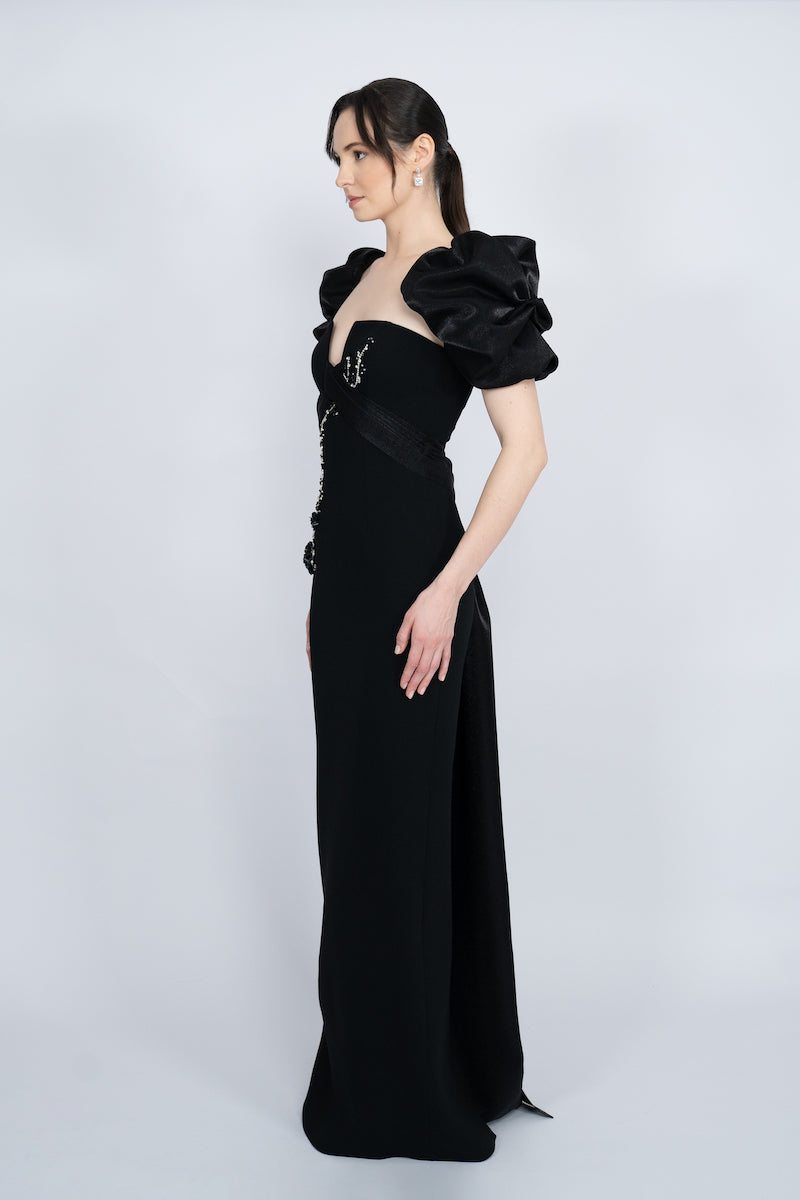 BLACK BALLOON SLEEVE LONG DRESS - CULT MIA