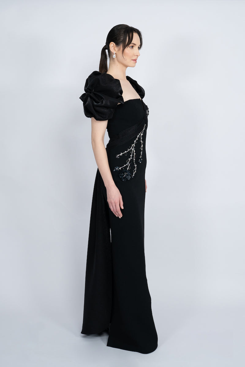 BLACK BALLOON SLEEVE LONG DRESS - CULT MIA