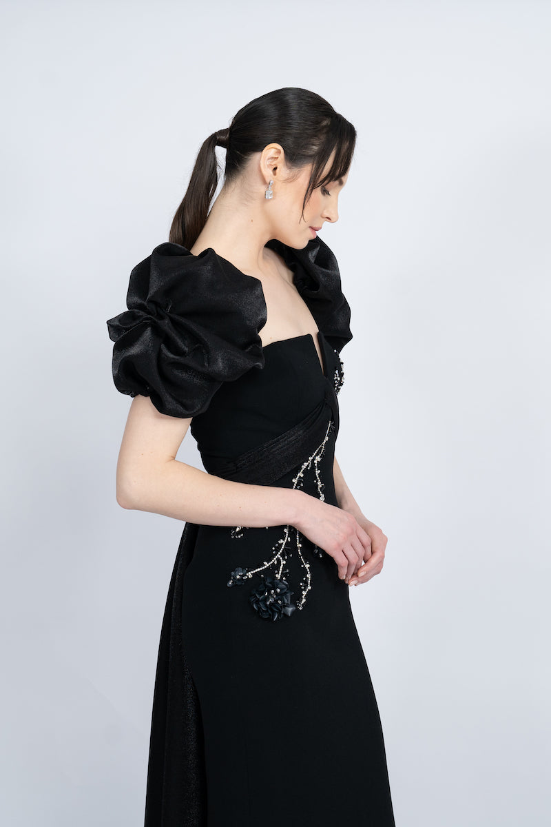 BLACK BALLOON SLEEVE LONG DRESS - CULT MIA