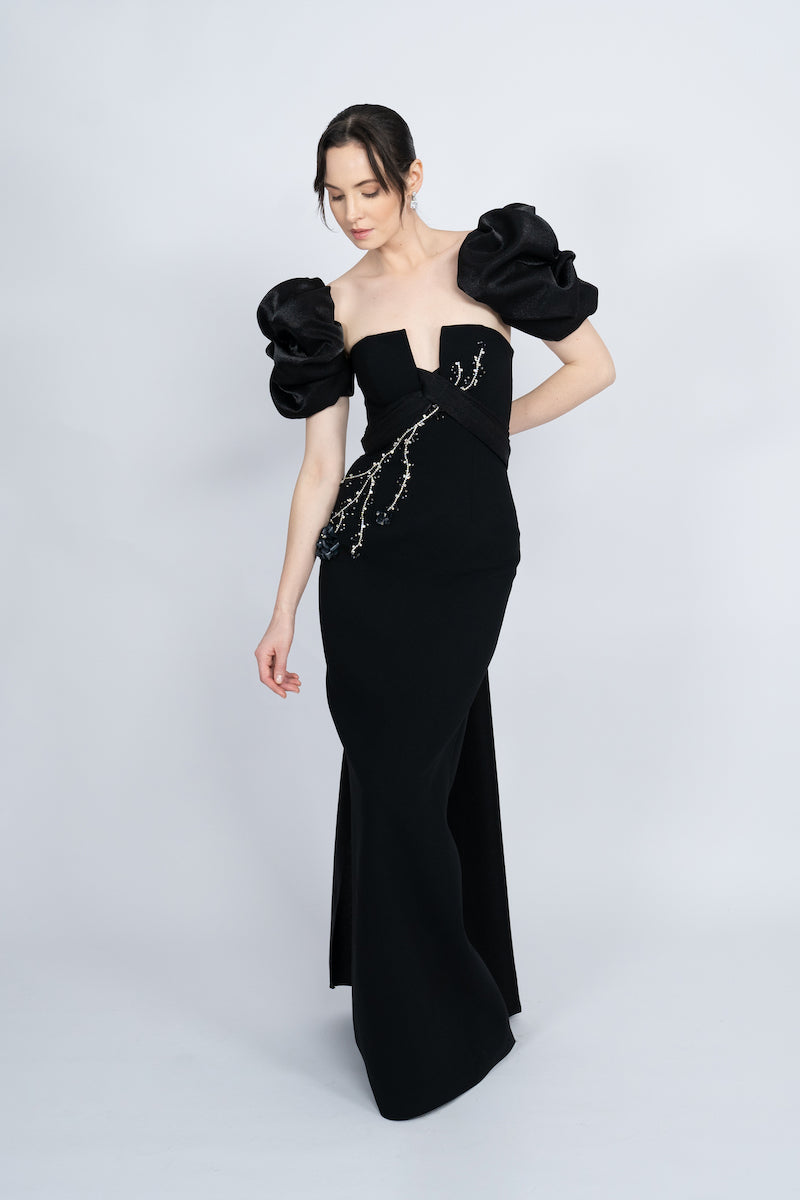 BLACK BALLOON SLEEVE LONG DRESS - CULT MIA