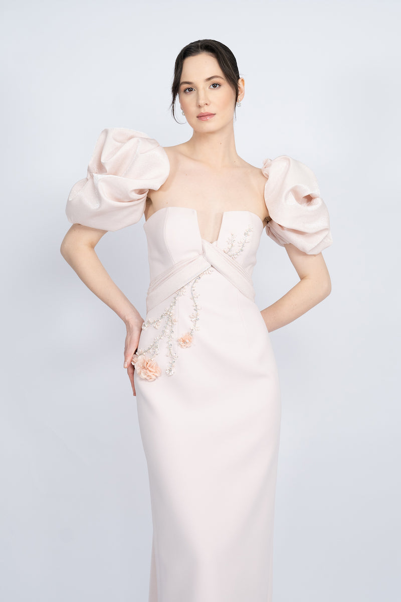POWDER BALLOON SLEEVE LONG DRESS - CULT MIA