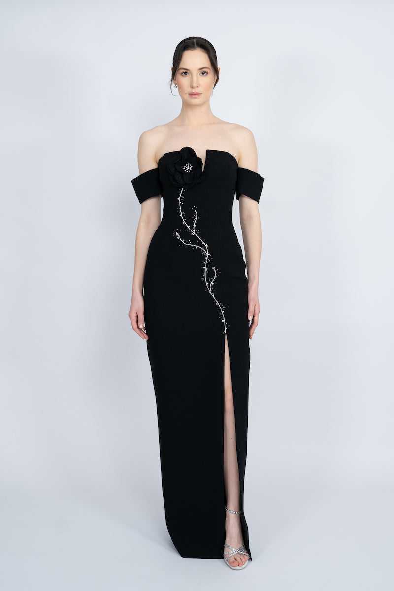 BLACK OFF-SHOULDER LONG DRESS - CULT MIA